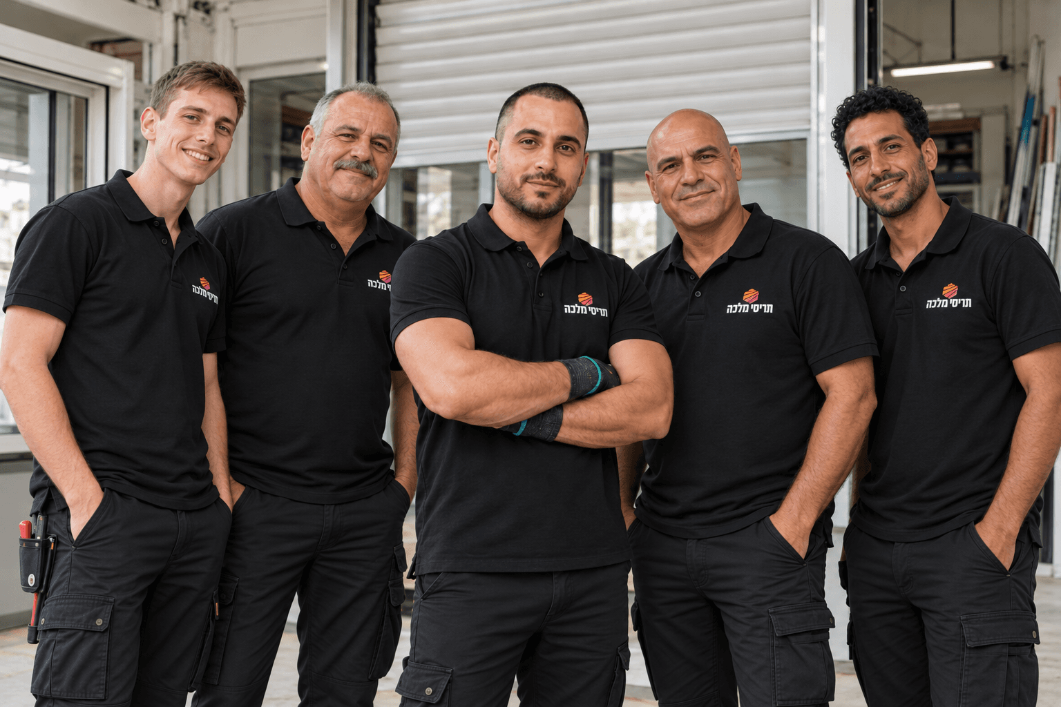 צוות תריסי מלכה בתלבושת עבודה לצד תריסים וחלונות